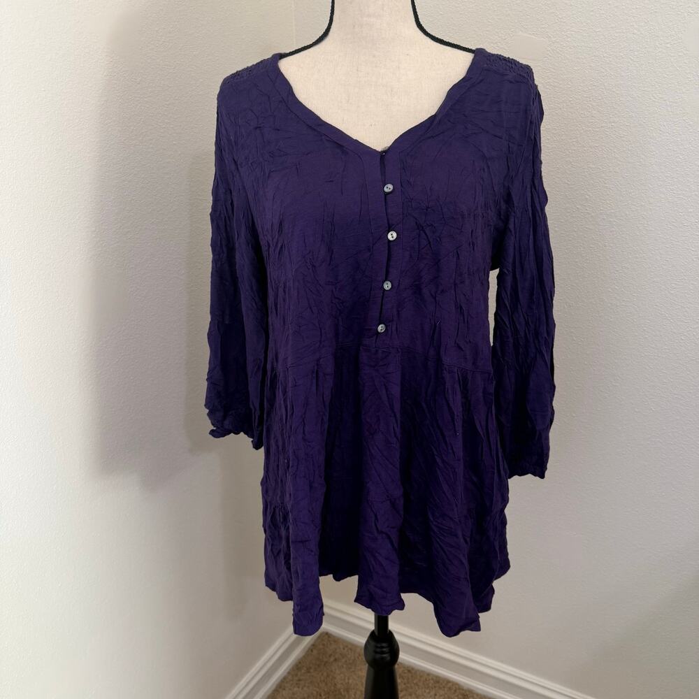 J. Jill Deep Purple Crinkle 3/4 Sleeve V-Neck Tunic Top Blouse Womens Large